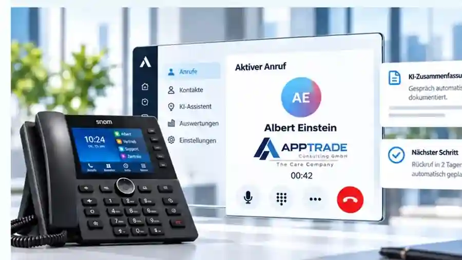 Modernes Business-Telefon vor einer gläsernen AppTrade Call- und KI-Oberfläche